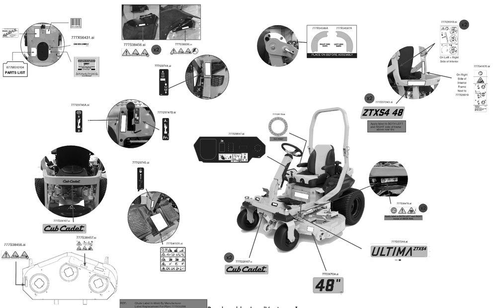Label Map Diagram and Parts List for ZTXS4-48KH (47ASCAB6A10)(2023) Cub Cadet Lawn Tractor